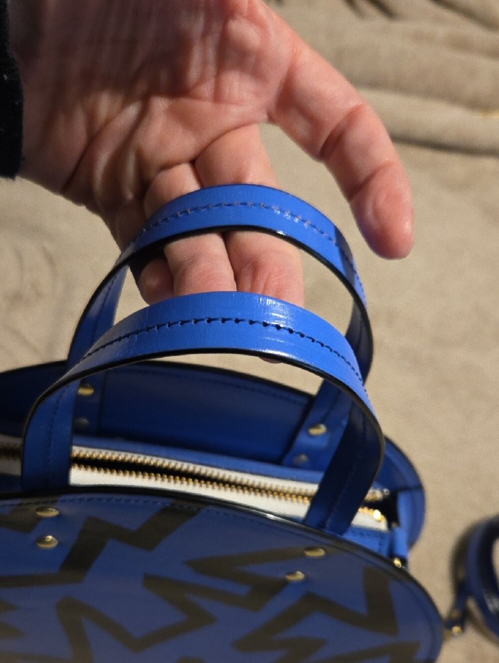 Round Blue Graphic Leather Shoulder Bag By Ann Howell Bullard - Picture 5 of 7